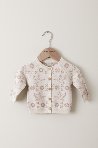 Organic Cotton Stork Baby Cardigan - Oat/Rose