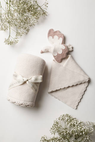 Organic Cotton Baby Blanket & Stork Bundle - Oat/Rose