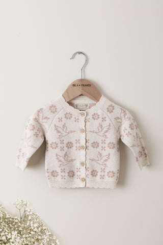 Organic Cotton Stork Baby Cardigan - Oat/Rose