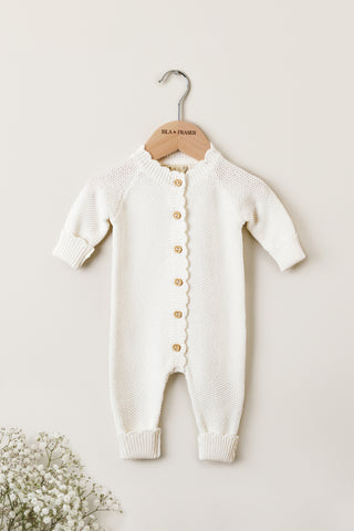 Organic Cotton Moss Stitch Baby Romper - Milk